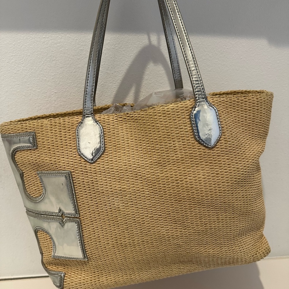 Tory Burch Silver T Straw Bag